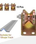 Eight Pack 1.2 Inch V Groove Gate Casters With Brackets For Inverted Tracks, 661 Lb Capacity Per Wheel, Heavy Duty Sliding Gate Wheels For Garage Doors And Industrial Equipment, Galvanized Steel Caster Wheel System with V-shape track