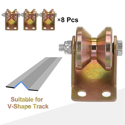 Eight Pack 1.2 Inch V Groove Gate Casters With Brackets For Inverted Tracks, 661 Lb Capacity Per Wheel, Heavy Duty Sliding Gate Wheels For Garage Doors And Industrial Equipment, Galvanized Steel Caster Wheel System with V-shape track