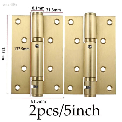 Invisible Door Self Closing Hinge Set Dark Wood Finish 5 Inch Gold Color Steel Spring Closer 2 Pack with dimensions shown