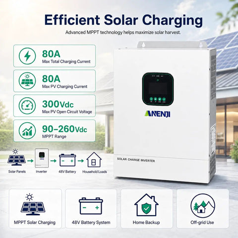 Rock Solid Heavy Duty Hybrid Solar Inverter 48V 3600W showing advanced MPPT charging features in a sleek white design.