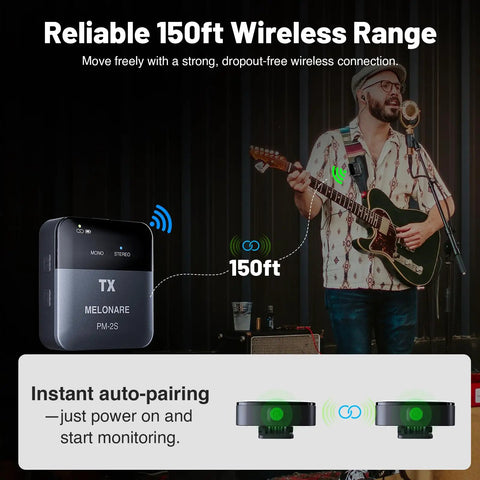 Image showing PM 2S Portable Wireless In Ear Monitor System With One Touch Mono Stereo Switch in use at an onstage gig.