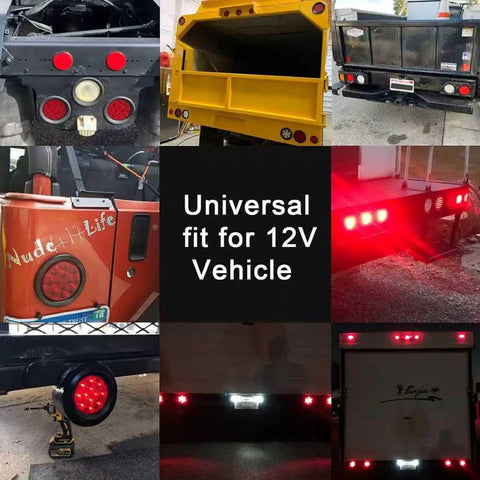 Various vehicles equipped with 4-Inch Round LED Trailer Lights Pack of 4, 24-LED High-Output Red Tail Lights, Waterproof Flush Mount