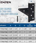 Diagram showing dimensions of 4 Inch T Strap Gate Hinges Heavy Duty Black Iron Tee Hinges with installation advice.