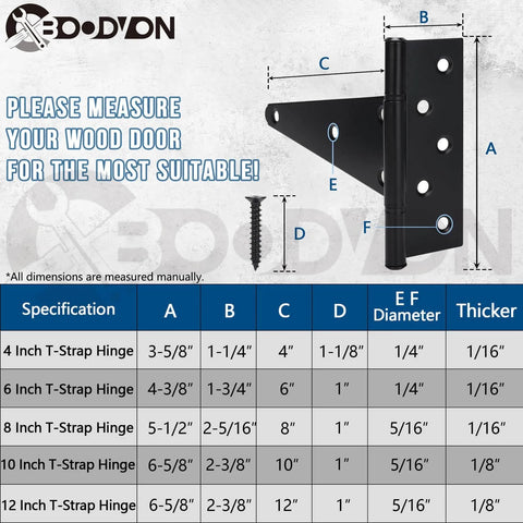 Chart displaying dimensions and specifications for 8 Inch T Strap Gate Hinges Heavy Duty Black Powder Coated Iron Set Of 2