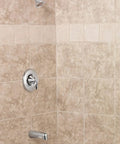 Eva Brushed Nickel Sleek Posi Temp Tub And Shower Trim Kit With Showerhead Shower Arm Tub Spout And Lever Handle installed in bathroom