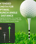 A golf ball on a long white tee with black stripes, surrounded by grass, illustrating extra long golf tees 4 or 5 inch pack of 30 unbreakable 5 prong pro grade durable plastic construction driving range tees with consistent height in white pink green for men women.