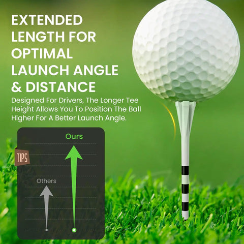 A golf ball on a long white tee with black stripes, surrounded by grass, illustrating extra long golf tees 4 or 5 inch pack of 30 unbreakable 5 prong pro grade durable plastic construction driving range tees with consistent height in white pink green for men women.