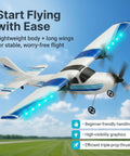 Beginner Friendly 2.4GHz RC Plane with 3 Axis Gyro in flight, showing blue LED lights and propellers, lightweight EPP glider.