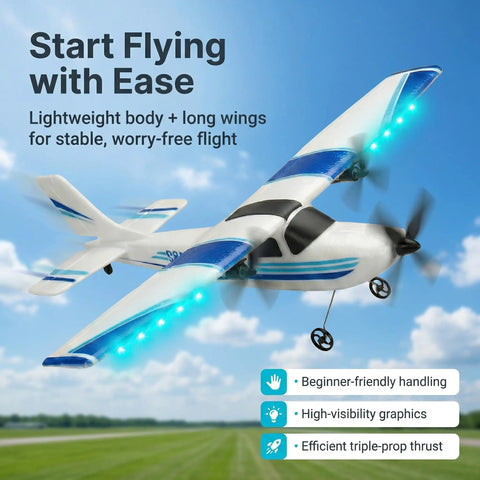 Beginner Friendly 2.4GHz RC Plane with 3 Axis Gyro in flight, showing blue LED lights and propellers, lightweight EPP glider.
