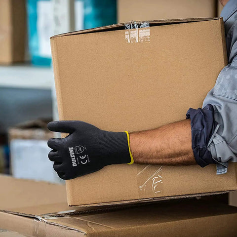 Ultra Thin PU Coated Work Gloves 60 Pairs With Excellent Grip Nylon Shell Black Polyurethane Coating Knit Wrist Cuff Bare Hand Feel For Light Duty Work worn while carrying a cardboard box