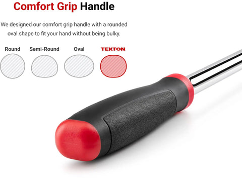 Comfort grip handle of Three Eighths Inch Drive Flex Head Long Ratchet With Quick Release, oval shape for ergonomic use.