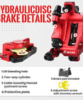 Close-up view of HB 100 Hydraulic Disc Brake Calipers, red finish, showing oil bleeding hole, cylinder, adjustment screws, and brake pad.