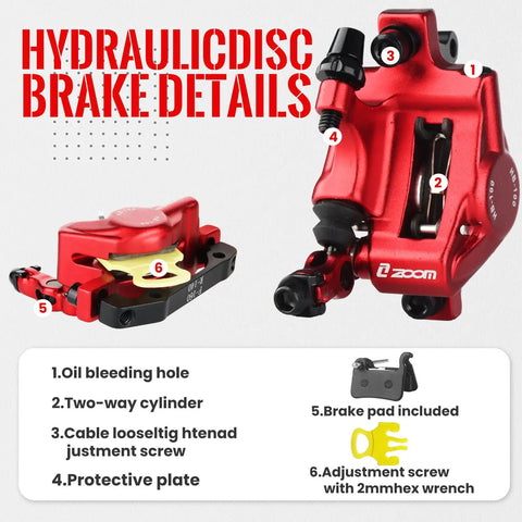 Close-up view of HB 100 Hydraulic Disc Brake Calipers, red finish, showing oil bleeding hole, cylinder, adjustment screws, and brake pad.