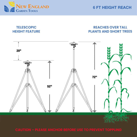 Telescopic Beefy Tripod Sprinkler With 125 Ft Coverage 360 Degree Range Adjustable Height 48 To 72 Inches for Farm Lawn Garden