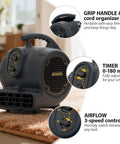 High Velocity 1100 CFM Industrial Air Mover Blower Fan for Rapid Water Damage Drying featuring grip handle and 3-speed control.