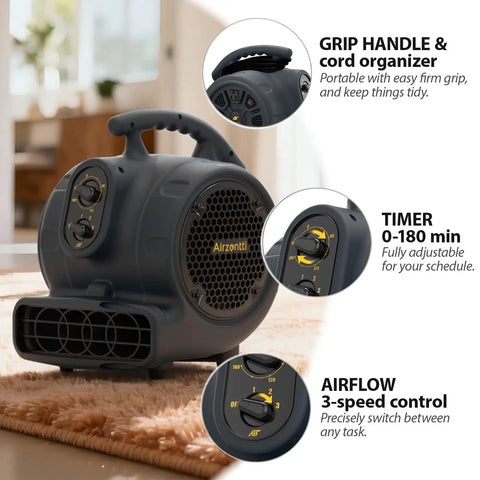 High Velocity 1100 CFM Industrial Air Mover Blower Fan for Rapid Water Damage Drying featuring grip handle and 3-speed control.