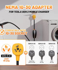 Slick Plug And Play Nema 10-30 Adapter For Tesla Gen 2 Mobile Charger, 24 Amp 240V Juice connected to a car and wall outlet.