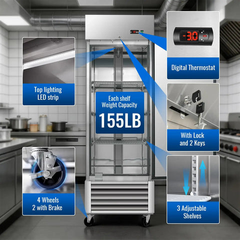 Tough As Nails 27 Wide Commercial Freezer 23 Cubic Ft Stainless Steel Reach In Upright Freezer with digital thermostat and adjustable shelves.