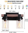 Two Light Farmhouse Vanity Light Over Mirror With Faux Wood Grain Finish, E26 Bulb Base, dimensions and bulb compatibility shown