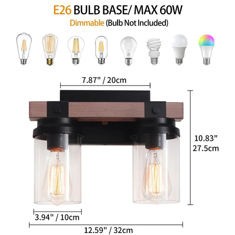 Two Light Farmhouse Vanity Light Over Mirror With Faux Wood Grain Finish, E26 Bulb Base, dimensions and bulb compatibility shown