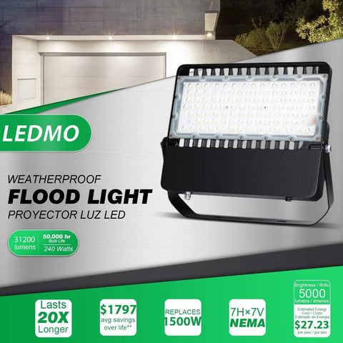240W Outdoor LED Flood Light Delivers 36,000 Lumens Of True Daylight 5000K, IP65 Weatherproof, shown with packaging details