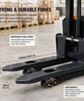 Strong and durable forks of Top Tier Electric Walkie Pallet Stacker With Huge 1500Kg Capacity for easy pallet handling.