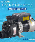 Heavy Duty 1 Point 5 Horsepower Bath Pump And Hot Tub Replacement Motor At 110 Volts With One Point 5 Inch Port Featuring Pure Copper Windings Built Tough For Spas With Zero Hassle Quick Swap shown from side angle with detailed components.