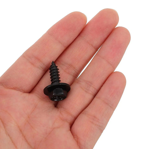 100 Piece Car Body Screw Kit With Integrated Flange Head For Wheel Well Liner And Bumper Cover, Vibration Resistant Auto Body Fasteners, Stable Thread Forming For Easy Disassembly And Reassembly For Your Daily Driver, black screw in hand