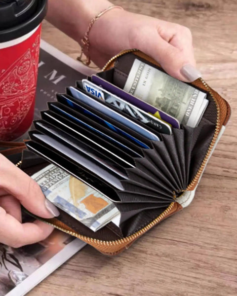 RFID Blocking Credit Card Holder Wallet For Women With Zipper Keychain Wristlet In A Small Leather Card Case, open view of slots