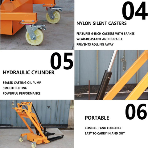 Close-up of nylon silent casters on Heavy Hitter Foldable Electric Forklift With Hydraulic Material Handler for durability and mobility.