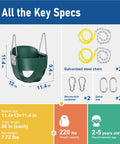 High Back Toddler Bucket Swing With Coated Chains And Locking Buckles For Safety specifications with dimensions and accessories, shown in green.