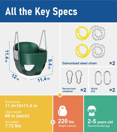 High Back Toddler Bucket Swing With Coated Chains And Locking Buckles For Safety specifications with dimensions and accessories, shown in green.