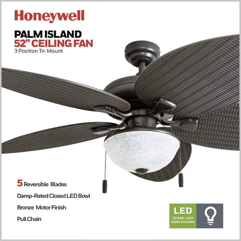 Inland Breeze Tropical 52 Inch Indoor Outdoor Ceiling Fan With Light, Five Blades, Reversible Motor, Bronze Finish