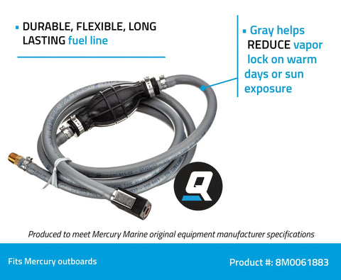 8 Ft Fuel Line Assembly With Primer Bulb And Quick Disconnect For Engine Use, Gray Low Permeation Marine Fuel Hose, Durable Flexible And Long Lasting, 1/4 In NPT Tank End, Easy Plug And Play Install Replacement Hose