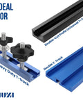 1/4-20 T Track Bolts And Knobs Kit, 45-Piece Hardware Set With Star Knobs And Thumb Knobs, Washers For Woodworking Jigs And Fixtures, Pro Grade All-In-One Kit For 1 In, 1-1/2 In, 2-1/2 In T Track Systems. Heavy-duty T-track and bolts shown for woodworking fixtures.