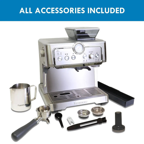 Kickstart Your Daily Grind With This Automatic Espresso Machine Featuring A Built In Bean Grinder Milk Frother And Hassle Free Auto Cleanup; silver espresso machine with accessories.