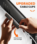 Hands using upgraded cable clips on fully adjustable monitor arm for 13 to 34 inch monitors with tool free VESA mount.