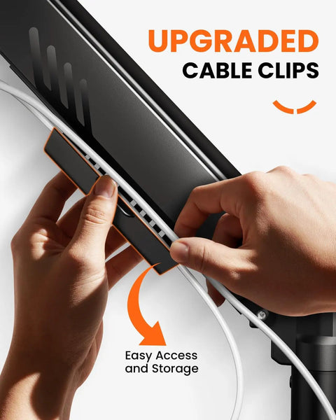 Hands using upgraded cable clips on fully adjustable monitor arm for 13 to 34 inch monitors with tool free VESA mount.