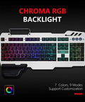 Full Size Mechanical Keyboard And Mouse Combo With Rgb Gaming Backlighting featuring customizable RGB backlight and detachable wrist rest.