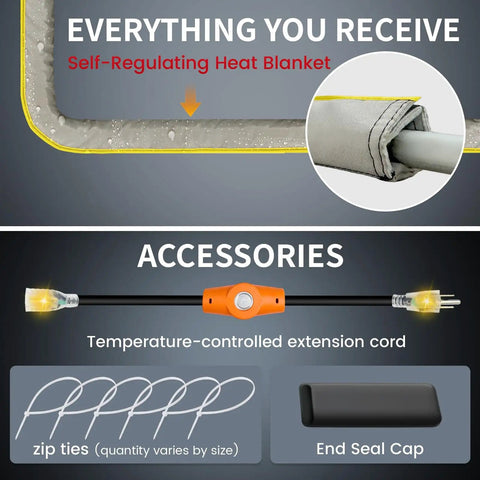 Self Regulating Pipe Heating Blanket Kit 3 Ft For Freeze Protection Stickable And Trimmable Heat Tape That Fits Metal Or Plastic Pipes Includes Thermostat Extension Cord Energy Saving Heating Solution showing included accessories.