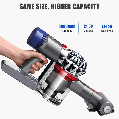8000mAh Replacement Battery For Dyson V8 Vacuum Cleaner Series with longer run time and faster charge in hand