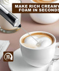 Handheld Milk Frother With Dual Heads USB Rechargeable With 3 Speeds, Coffee Foam Maker And Egg Whisk For Latte Cappuccino Hot Chocolate, Stainless Steel Blades, Black in action foaming milk in a cappuccino