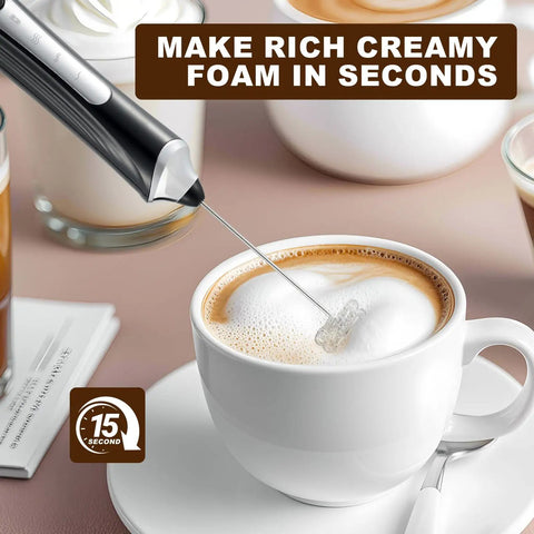 Handheld Milk Frother With Dual Heads USB Rechargeable With 3 Speeds, Coffee Foam Maker And Egg Whisk For Latte Cappuccino Hot Chocolate, Stainless Steel Blades, Black in action foaming milk in a cappuccino