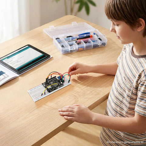 Uno R4 WiFi Starter Kit For Beginners That Plays Nice With Arduino IDE Includes 32 Bit Renesas RA4M1 Processor USB C Connectivity Built In WiFi And Bluetooth 8x12 LED Matrix Qwiic Connector For STEM Projects And Hands On Learning, on breadboard