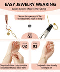Image showing step-by-step guide for using Two Pack Bracelet Helper Tool Set For Easy Self Fitting Jewelry Clasps Zippers And Crafts Quick Secure Fasteners For Bracelets Watches And Necklaces Great For DIY Jewelry Making And Quick Everyday Use, featuring clasping and wearing instructions.