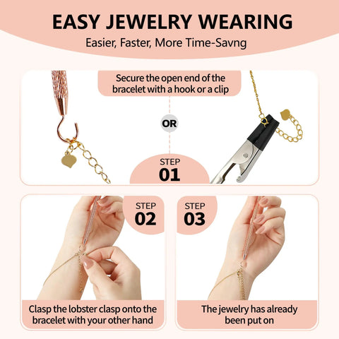 Image showing step-by-step guide for using Two Pack Bracelet Helper Tool Set For Easy Self Fitting Jewelry Clasps Zippers And Crafts Quick Secure Fasteners For Bracelets Watches And Necklaces Great For DIY Jewelry Making And Quick Everyday Use, featuring clasping and wearing instructions.