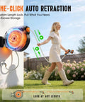 Woman using Heavy Duty Auto Rewind Garden Hose Reel With 1/2 Inch By 100 Feet 2 In 1 Wall Mount And Portable Design outdoors