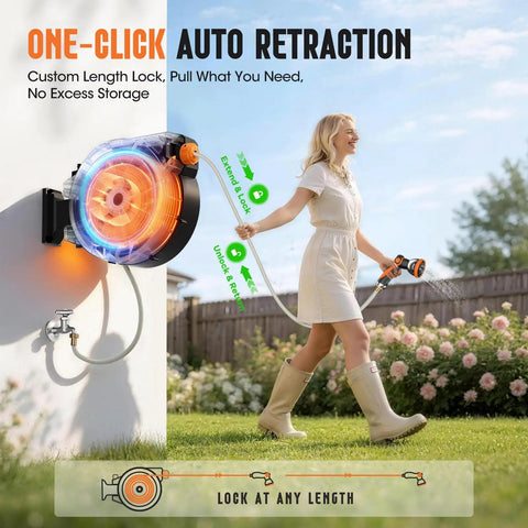 Woman using Heavy Duty Auto Rewind Garden Hose Reel With 1/2 Inch By 100 Feet 2 In 1 Wall Mount And Portable Design outdoors
