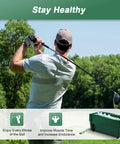 Golfer using Automatic Golf Tee Machine with 100 Ball Capacity on green field, emphasizes stroke and muscle improvement, durable ABS construction