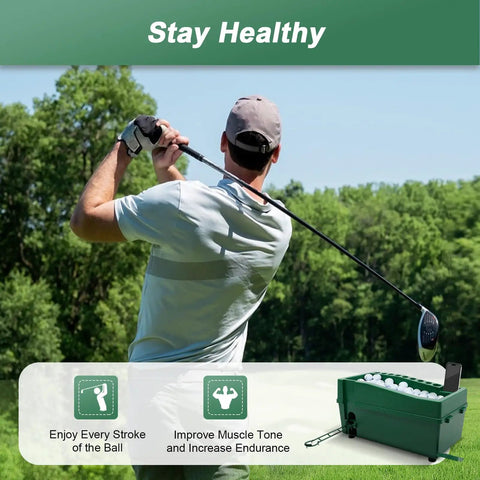 Golfer swinging club with Automatic Golf Tee Machine For Indoor Simulators And Driving Ranges Hands Free Ball Dispensing in foreground